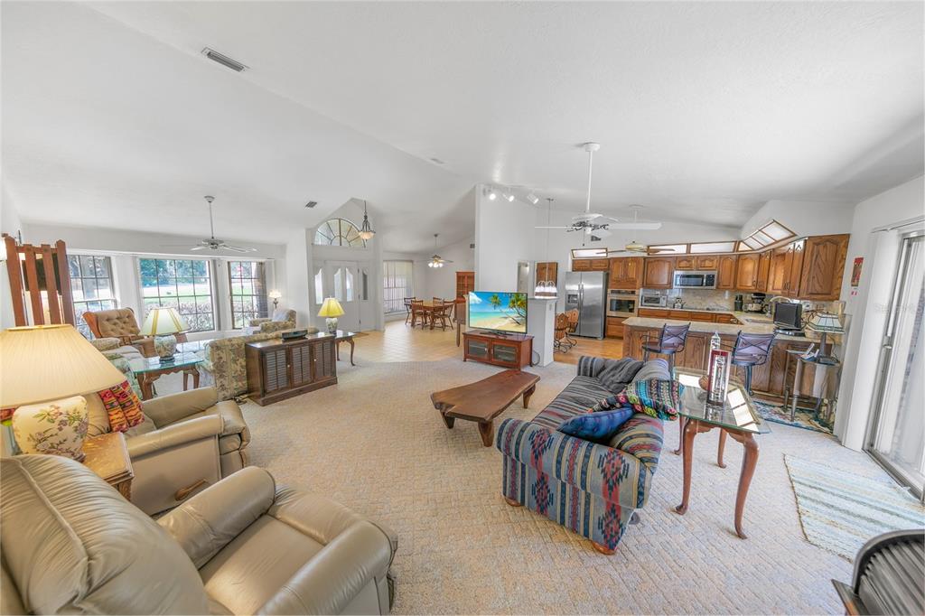 An open-concept living room features vaulted ceilings, carpeted floors, and an adjacent kitchen with wood cabinetry — 4801 S PENINSULA DRIVE, PONCE INLET, FL