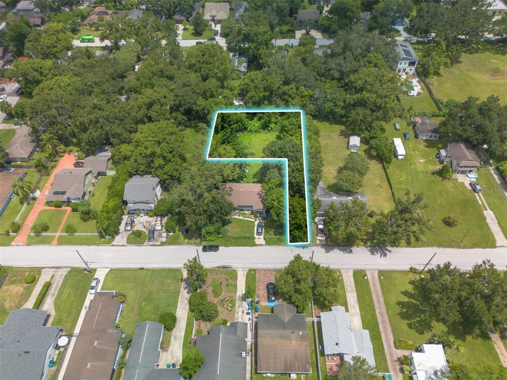 An aerial view shows a residential lot outlined in blue with a house and trees — CARLTON DRIVE, ORLANDO, FL