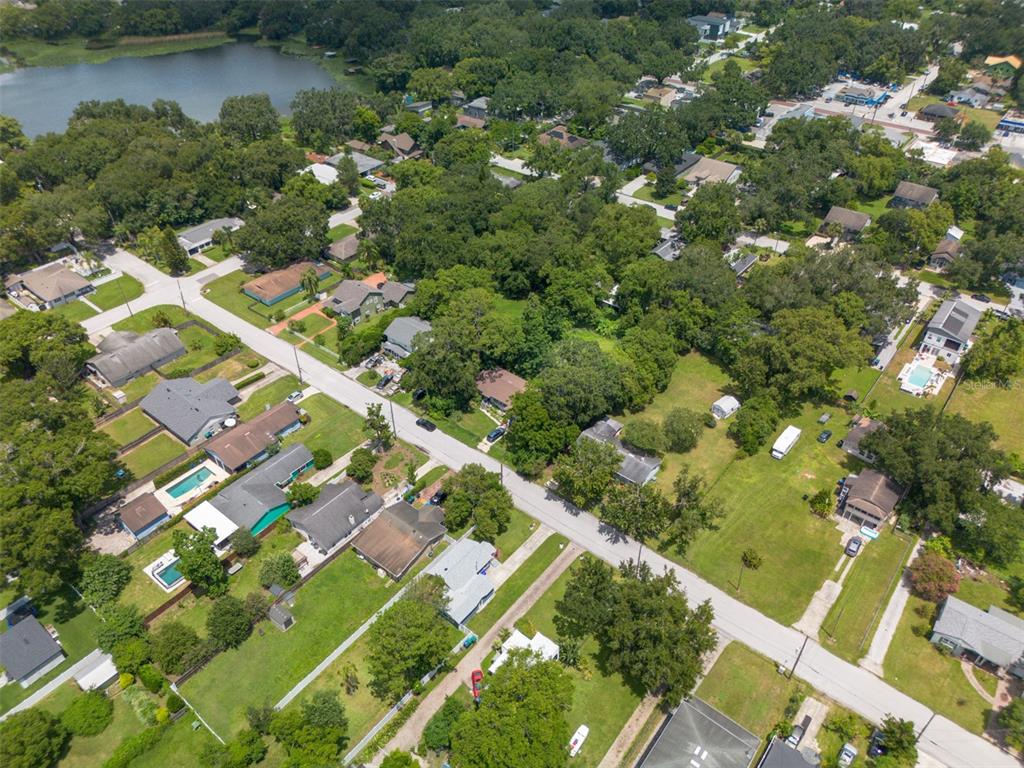 An aerial view shows a suburban neighborhood with houses, green lawns, and a nearby lake — CARLTON DRIVE, ORLANDO, FL