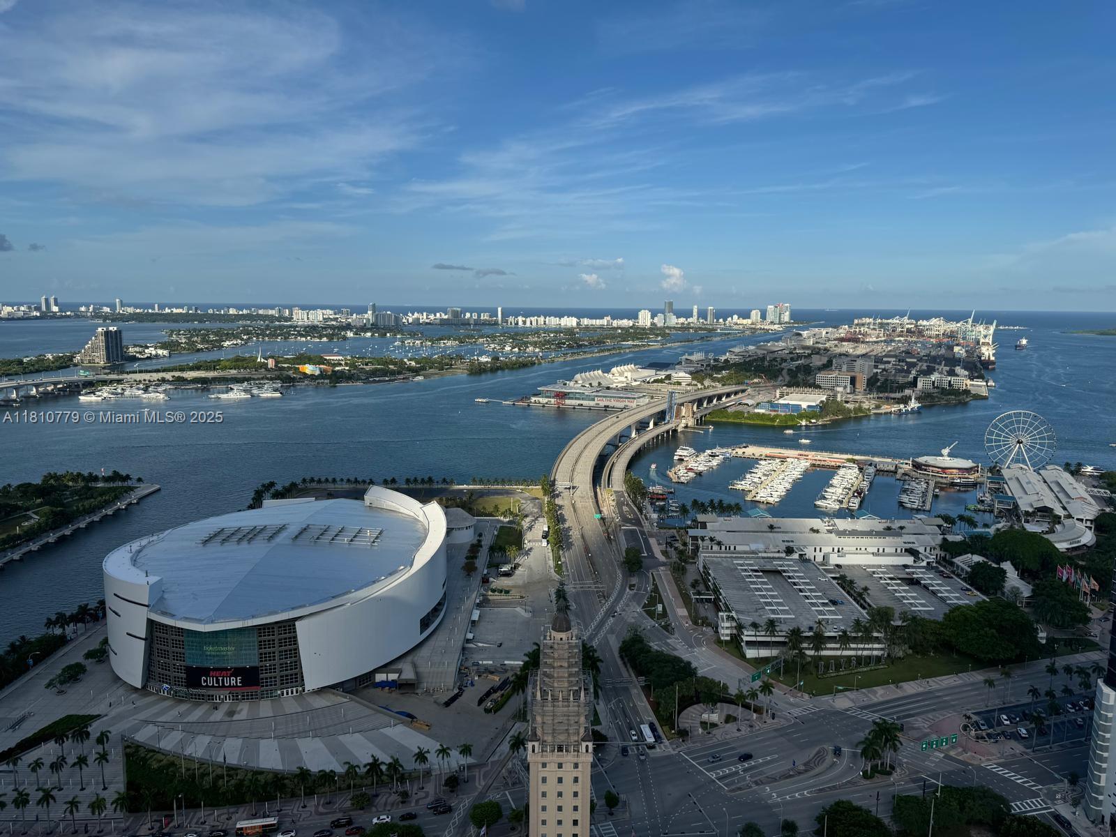 An aerial view shows the Kaseya Center, the Freedom Tower, and the Port of Miami — 159 NE 6TH ST # 4215, Miami FL 33132, MIAMI, FL