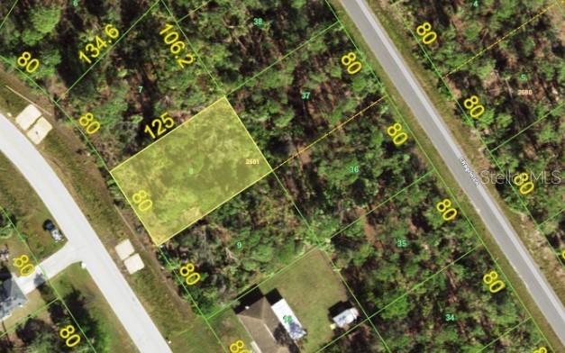 An aerial map view shows a highlighted rectangular plot of land surrounded by wooded lots — 1468 BISCAYNE DRIVE, PORT CHARLOTTE, FL