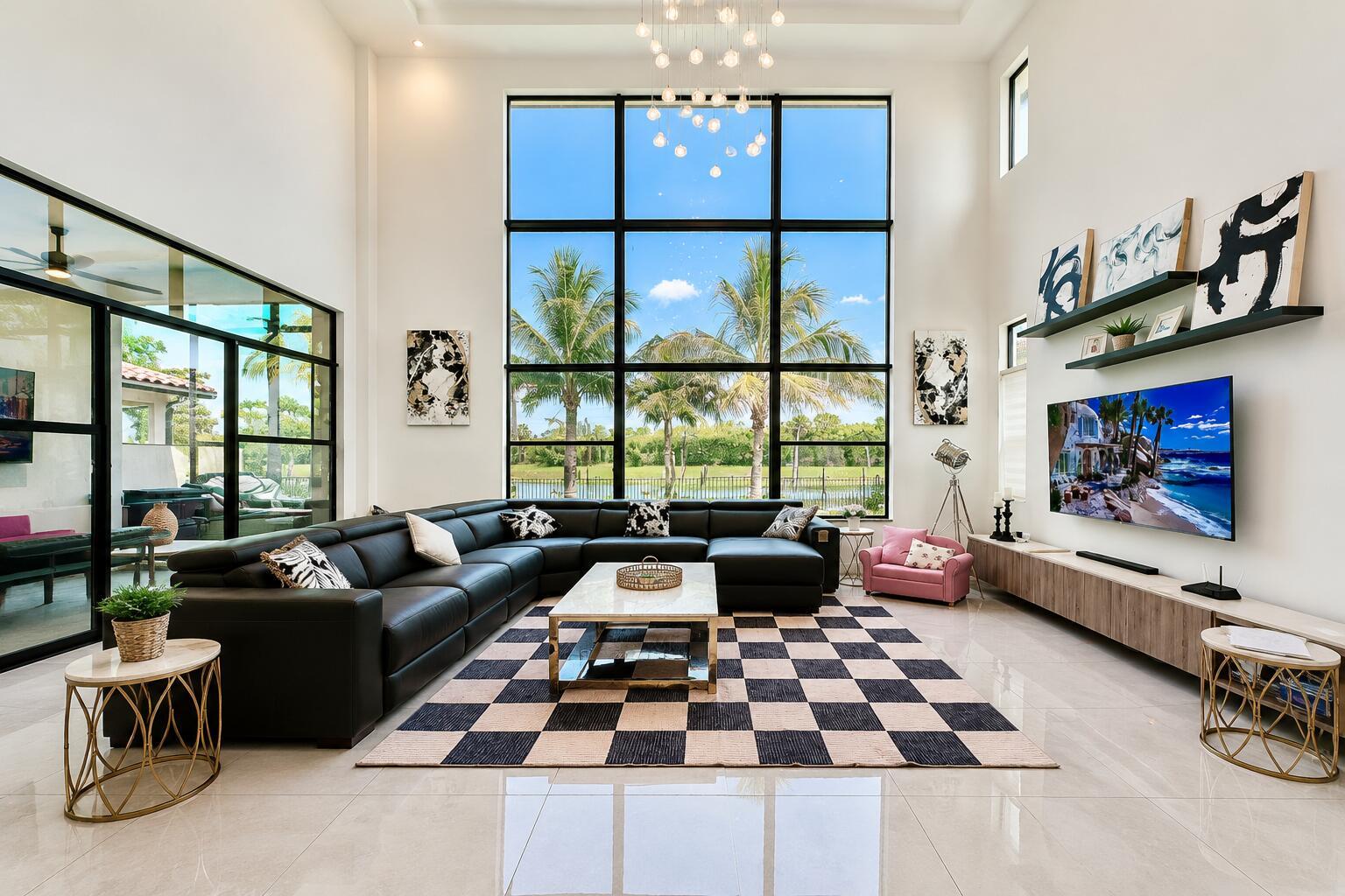 A modern living room features a black sectional sofa, checkered rug, and floor-to-ceiling windows — 8451 Grand Prix Lane, Boynton Beach FL 33472, BOYNTON BEACH, FL