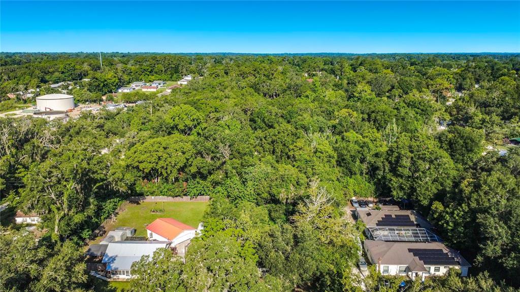 An aerial view shows two houses surrounded by dense trees and a large water tank — 11572 SE 60TH AVENUE, BELLEVIEW, FL