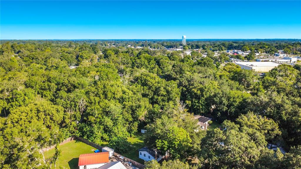 An aerial view shows a residential property with a red-roofed building surrounded by dense trees — 11572 SE 60TH AVENUE, BELLEVIEW, FL