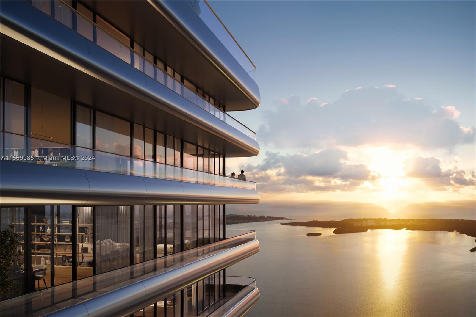 This architectural rendering shows the exterior balconies of a modern high-rise building at sunset — 1133 SW 2nd Ave # 3607, Miami FL 33130, MIAMI, FL