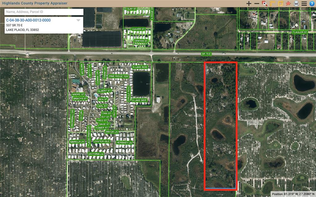 This is a map showing a rectangular parcel of land outlined in red — 537 STATE RD 70 E, LAKE PLACID, FL