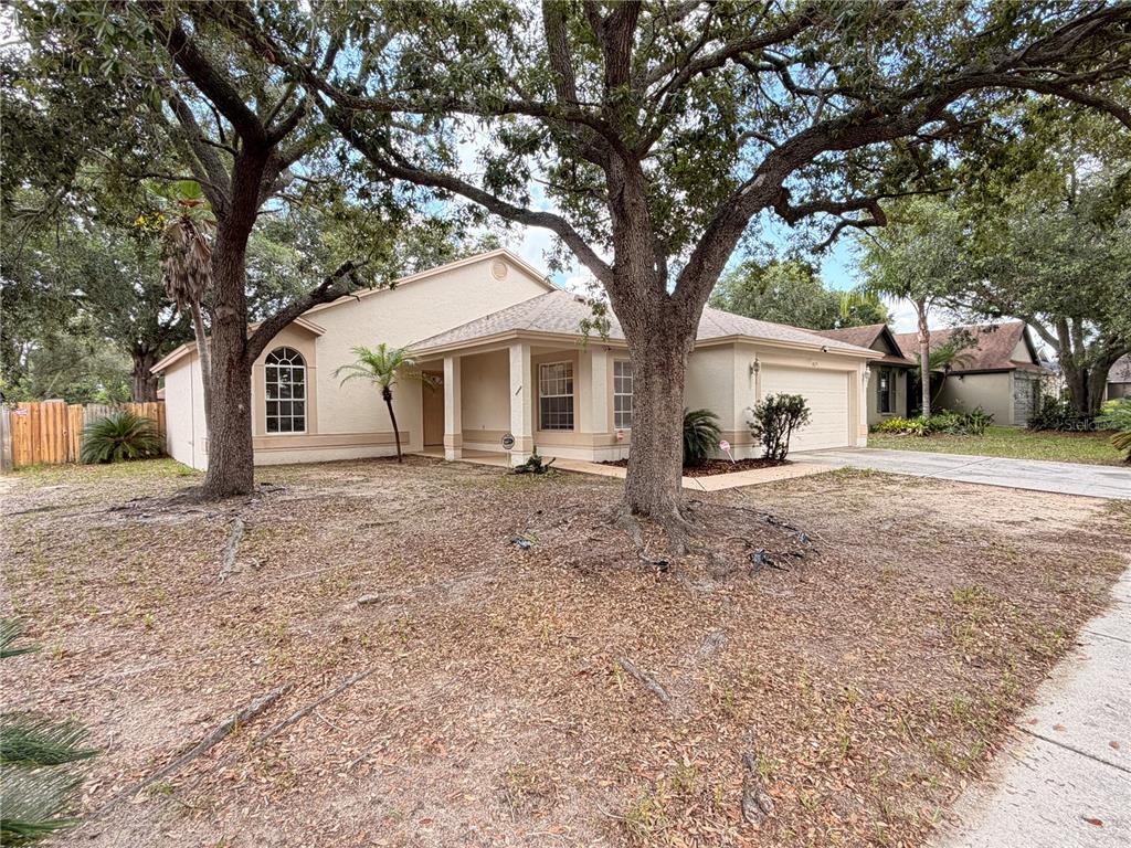 A single-story house with a beige exterior, a two-car garage, and large oak trees — 1025 MALLETWOOD DRIVE, BRANDON, FL