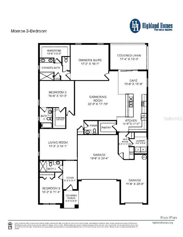 This is a floor plan for a three-bedroom home featuring a garage and covered lanai — 798 CYPRESS CREEK RUN, ST CLOUD, FL