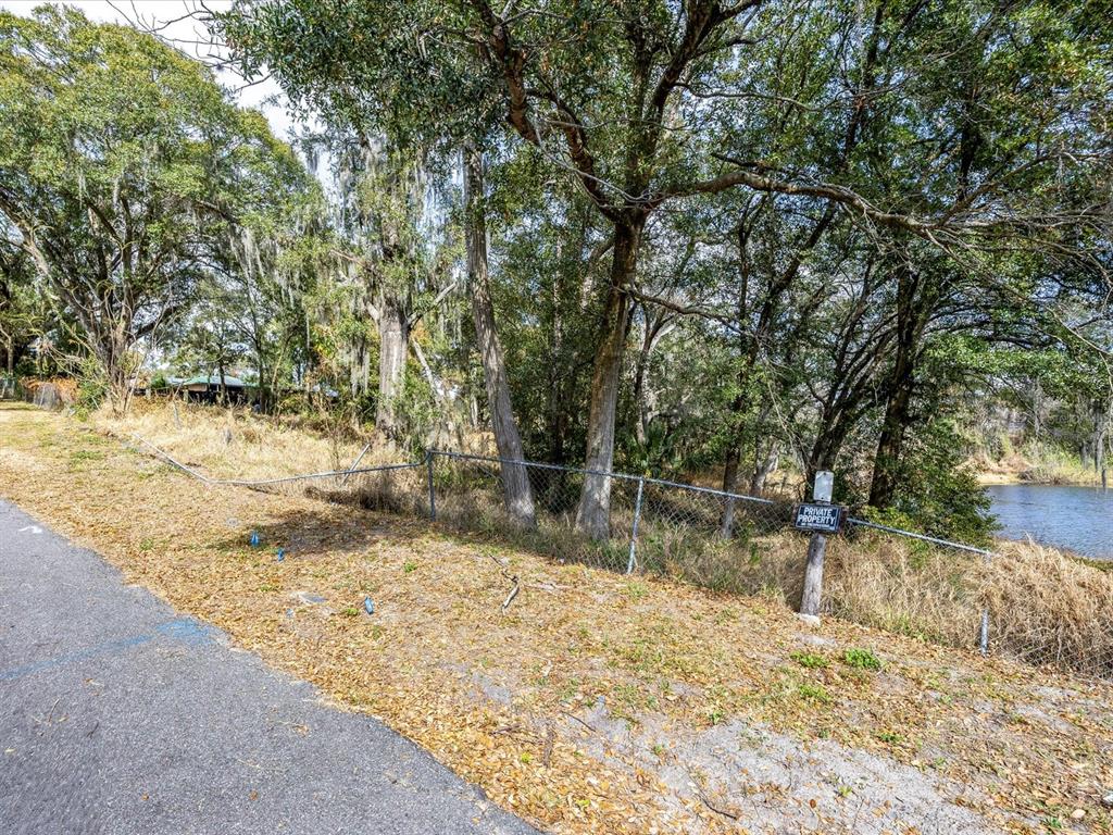 A chain-link fence separates a paved road from a wooded area bordering a small pond — 507 ENKA AVENUE, ORLANDO, FL