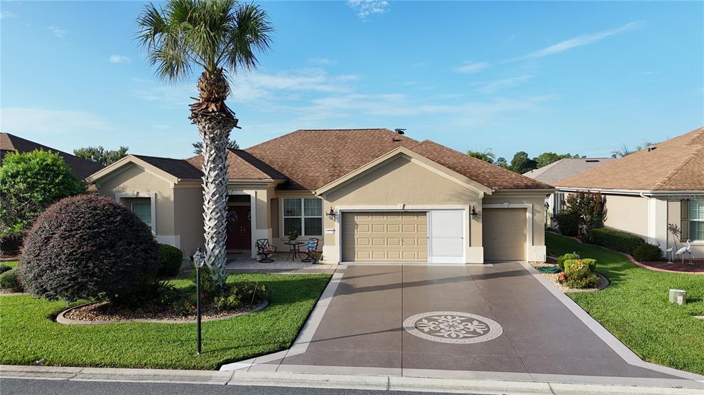 A single-story house with a tan stucco exterior, a palm tree, and a paved driveway — 11735 SE 91ST CIRCLE, SUMMERFIELD, FL