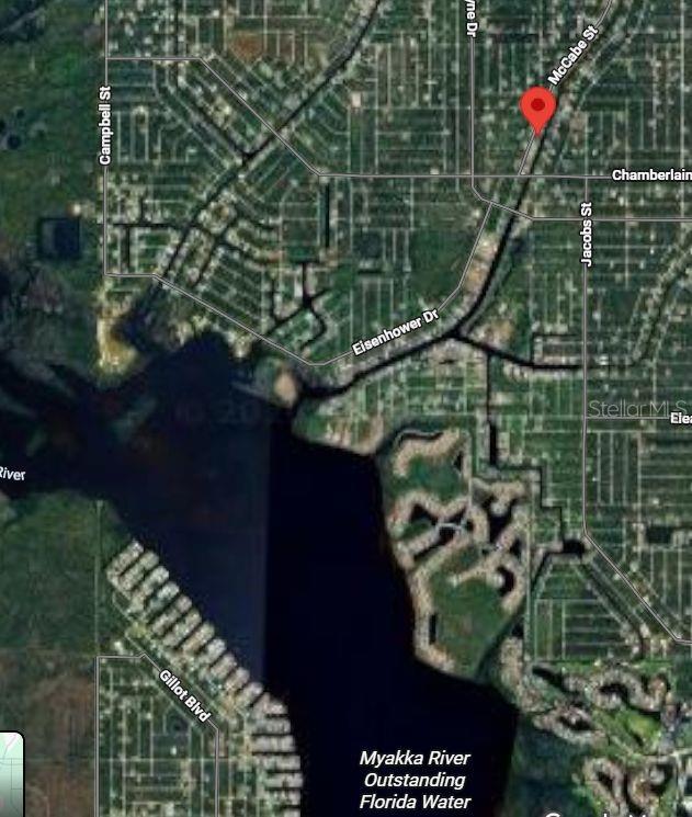 This is a satellite map showing a residential area near the Myakka River in Florida — 488 MCCABE STREET, PORT CHARLOTTE, FL