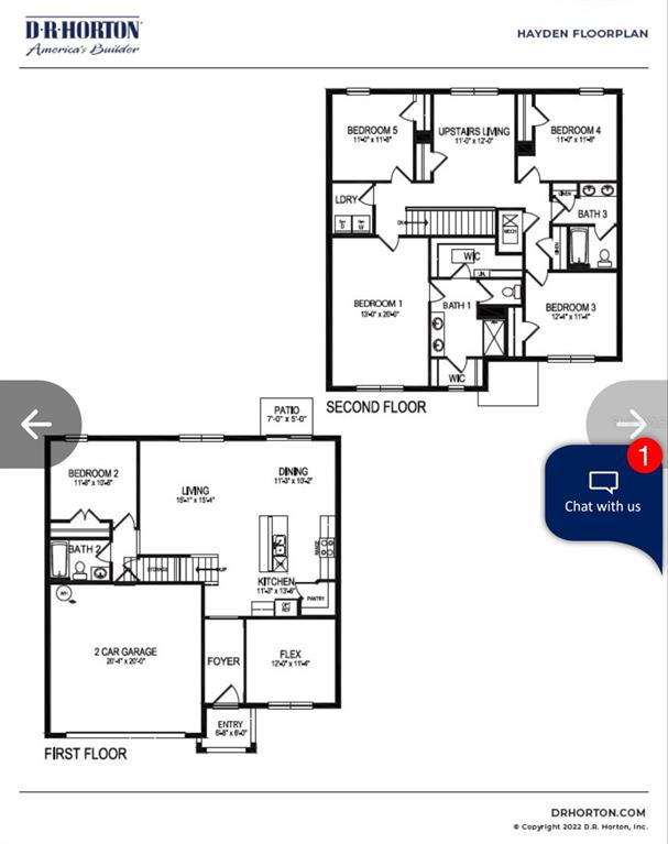 This floor plan shows the first and second levels of a D.R. Horton Hayden home — 498 BARONESS WAY, DELAND, FL