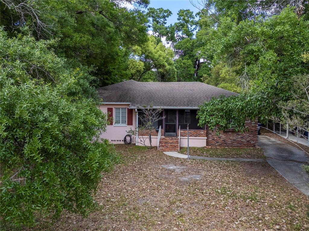 A single-story house with pink stucco and brick siding sits behind a tree-filled yard — 817 W OHIO AVENUE, TAMPA, FL
