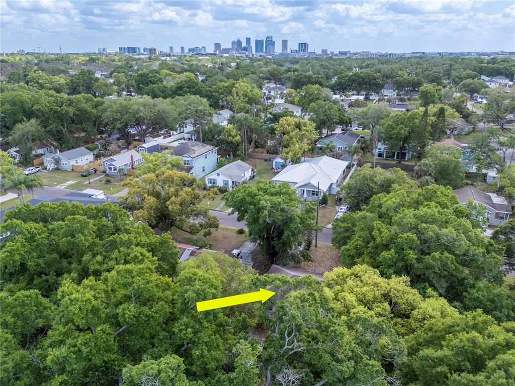 An aerial view shows a residential neighborhood with a yellow arrow pointing toward a house — 817 W OHIO AVENUE, TAMPA, FL