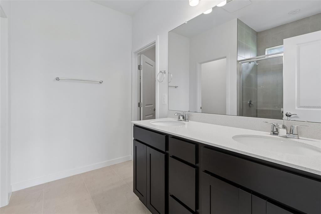 A bathroom features a double-sink vanity with dark cabinets, white countertops, and a large mirror — 11243 SYCAMORE GLEN LOOP, THONOTOSASSA, FL