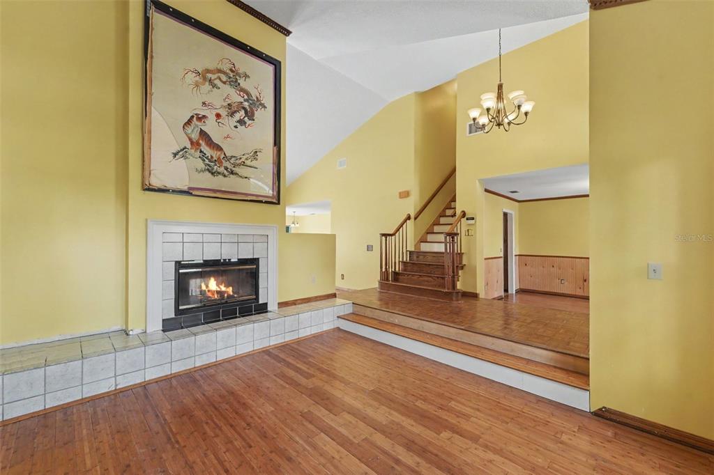 A living room features a fireplace, wood floors, a raised dining area, and a staircase — 6203 FARTHING STREET, TAMPA, FL