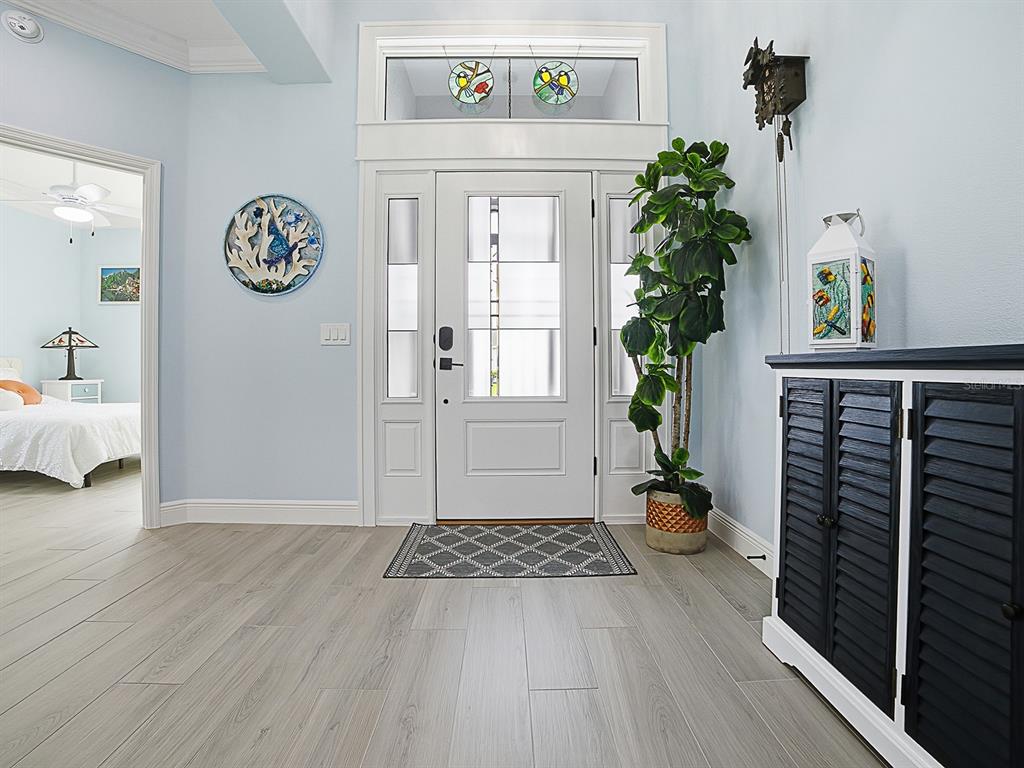 An entryway features light blue walls, wood-look tile flooring, a white front door, and a plant — 7004 EMILINE TERRACE, THE VILLAGES, FL