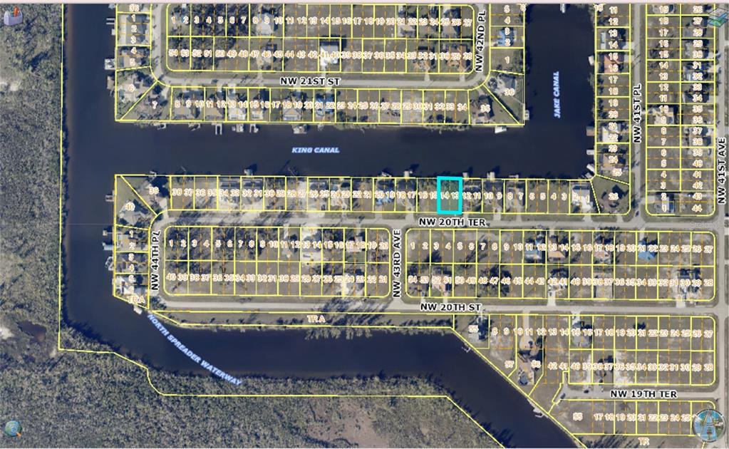 This is an aerial map showing residential lots along canals and streets in a neighborhood — 4221 NW 20TH TERRACE, CAPE CORAL, FL