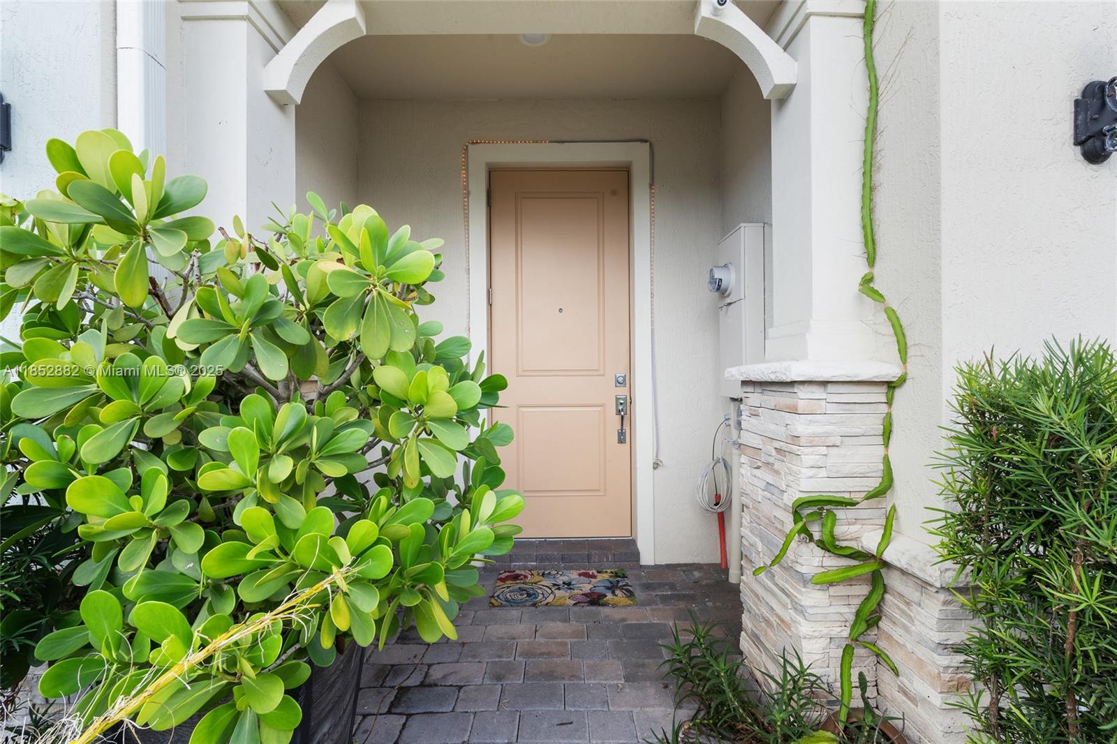 The exterior entrance features a tan door, stone pillar, and a large green plant — 4248 Ficus St, Hollywood FL 33021, HOLLYWOOD, FL