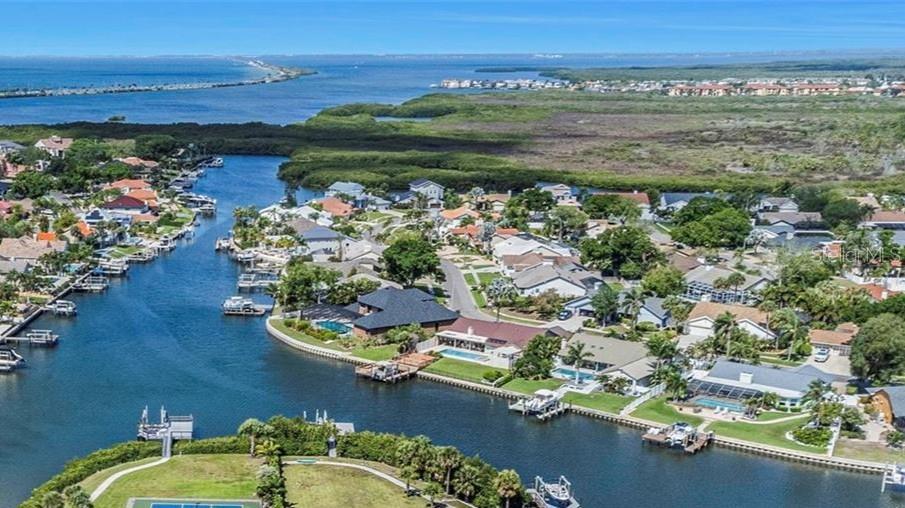 An aerial view shows waterfront homes with private docks along a canal near mangroves — 4147 SALTWATER BOULEVARD, TAMPA, FL