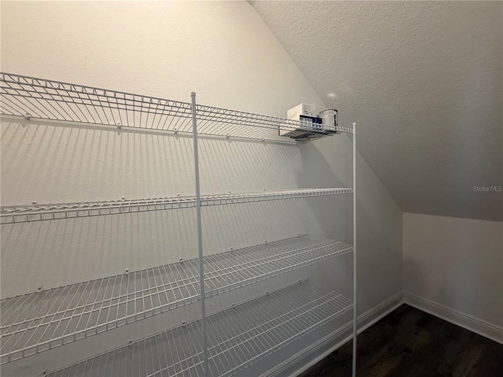 A walk-in closet features white wire shelving units against a sloped ceiling and dark flooring — 2444 FOGGY CREEK CIRCLE, CLEARWATER, FL