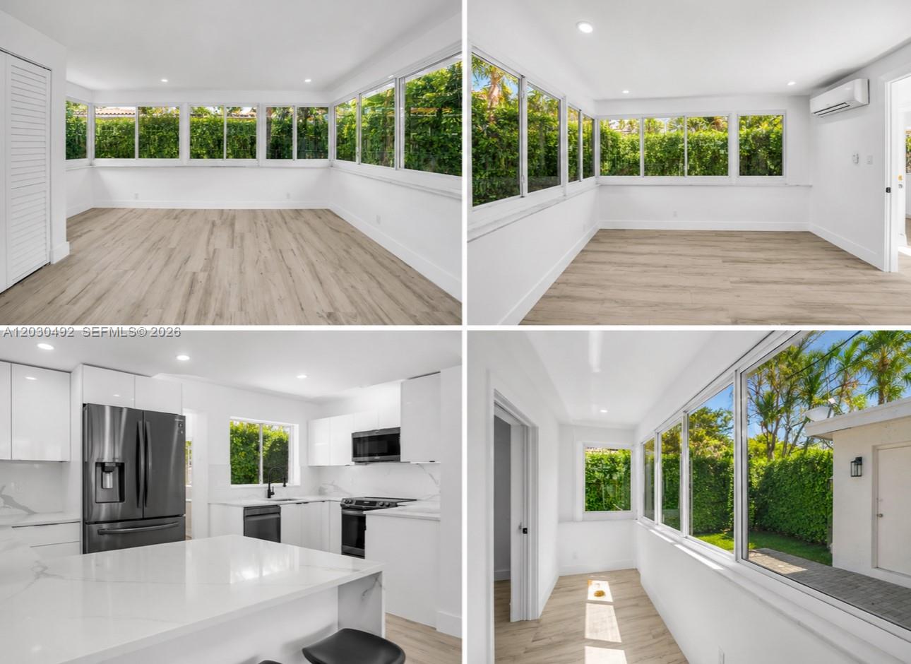 This collage shows a bright sunroom with large windows and a modern white kitchen — 1905 Alamanda Dr, North Miami FL 33181, NORTH MIAMI, FL