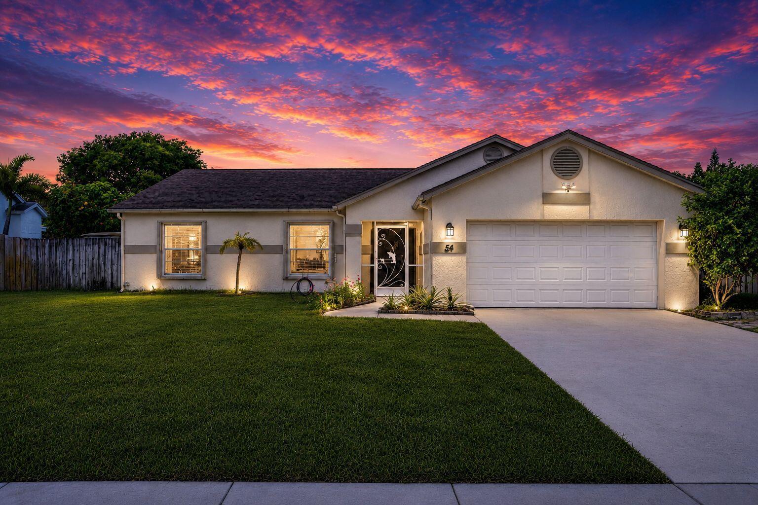 A single-story house with a white garage and lawn at sunset — 54 Cedar Circle, Boynton Beach FL 33436, BOYNTON BEACH, FL