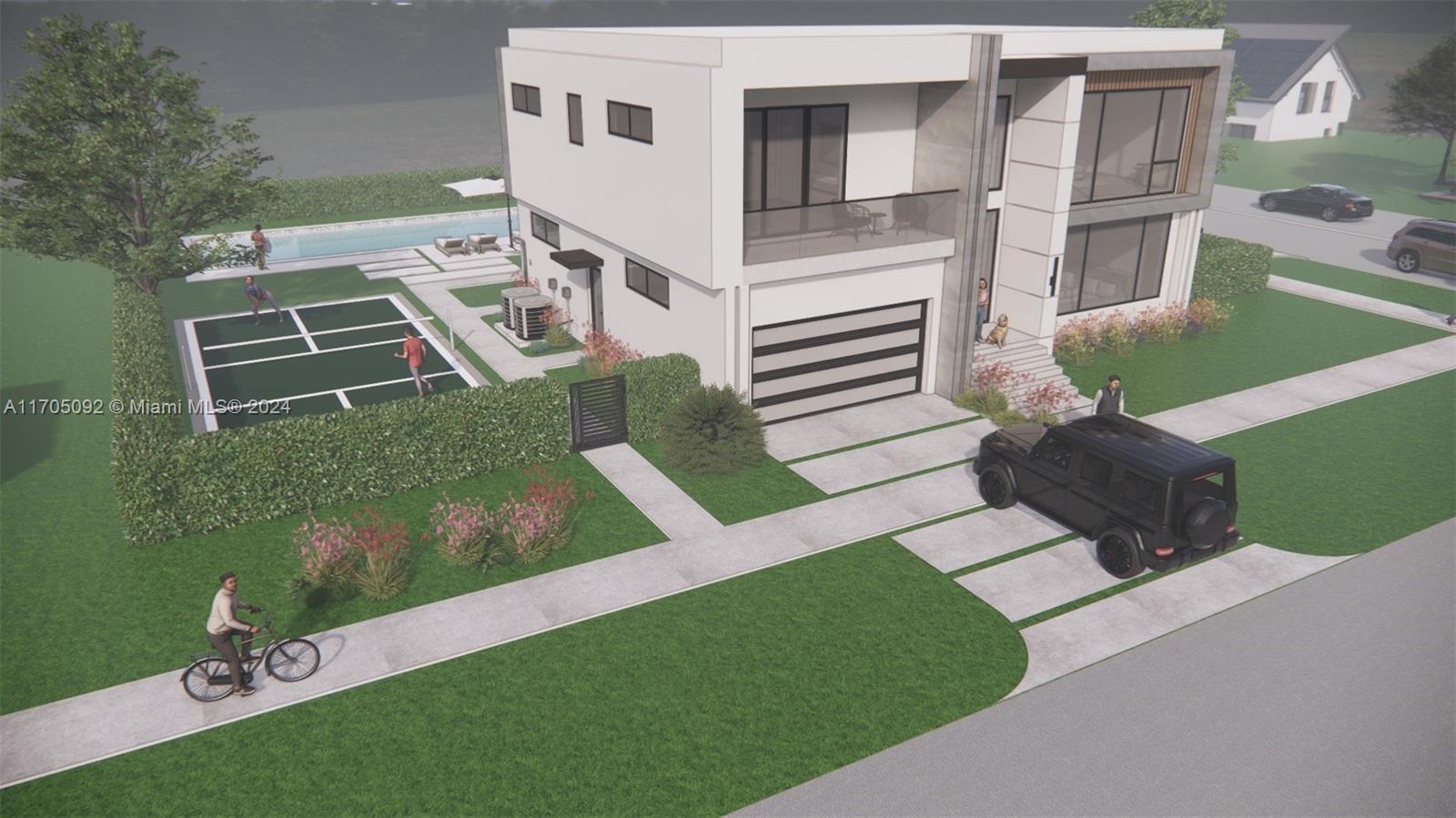 This is a rendering of a modern two-story house with a pool and sports court — 350 SW 34th Ave, Miami FL 33135, MIAMI, FL