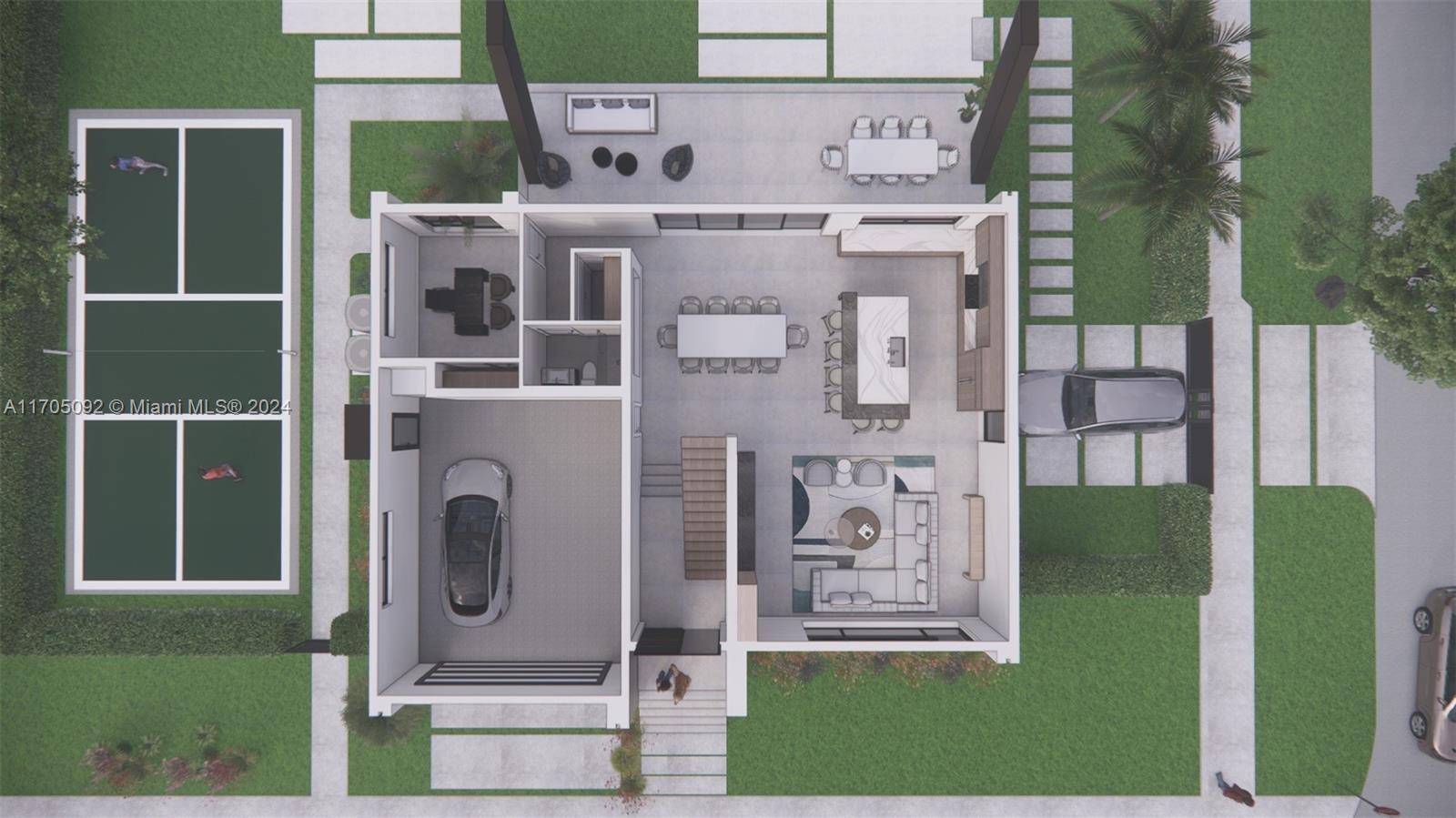 This is a 3D floor plan rendering of a modern home with a private pickleball court — 350 SW 34th Ave, Miami FL 33135, MIAMI, FL