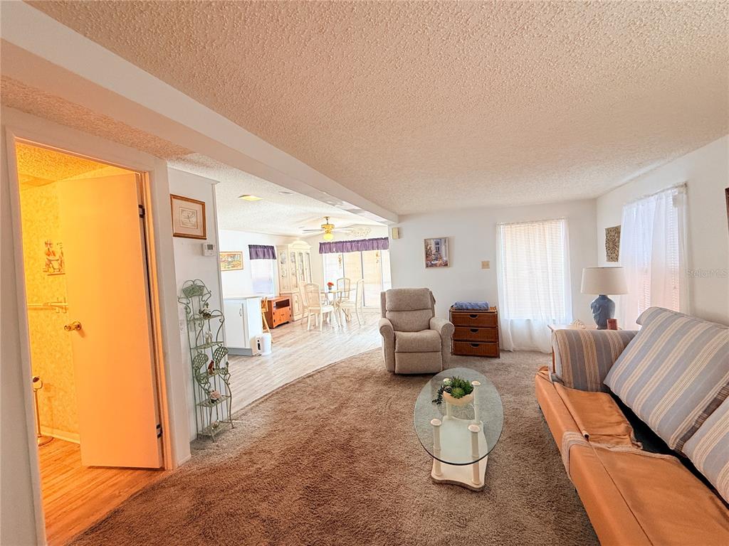 A living room with brown carpet leads into a dining area with light wood flooring — 2215 73RD STREET E UNIT 334, PALMETTO, FL