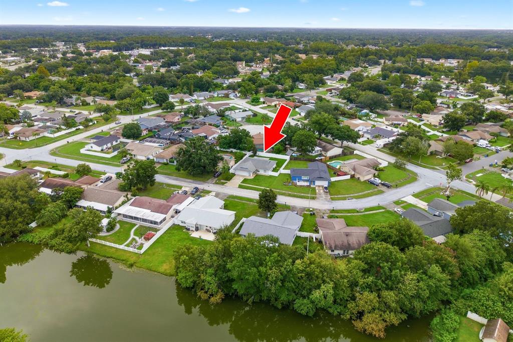 An aerial view shows a residential neighborhood with a red arrow pointing to a house — 14309 ARBOR HILLS ROAD, TAMPA, FL
