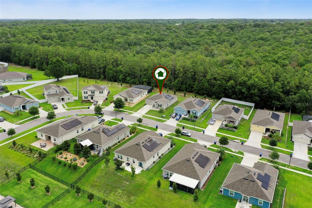 An aerial view shows a suburban neighborhood with single-family homes and a dense forest background — 4810 MAGNETITE LOOP, MOUNT DORA, FL