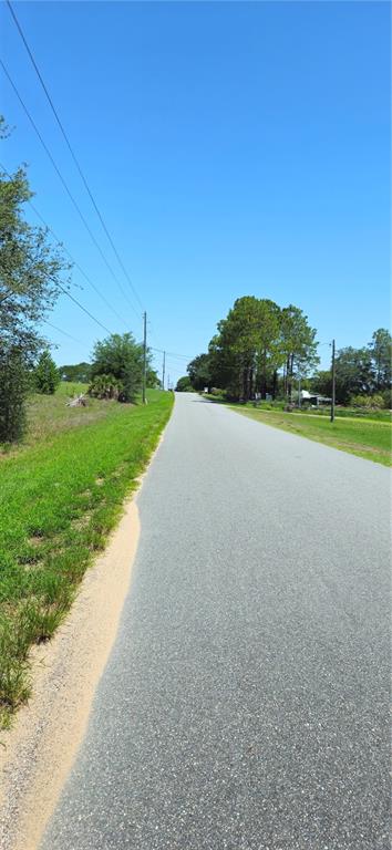 A paved road stretches into the distance, flanked by grassy shoulders and trees under blue skies — 24207 TURKEY LAKE ROAD, HOWEY IN THE HILLS, FL
