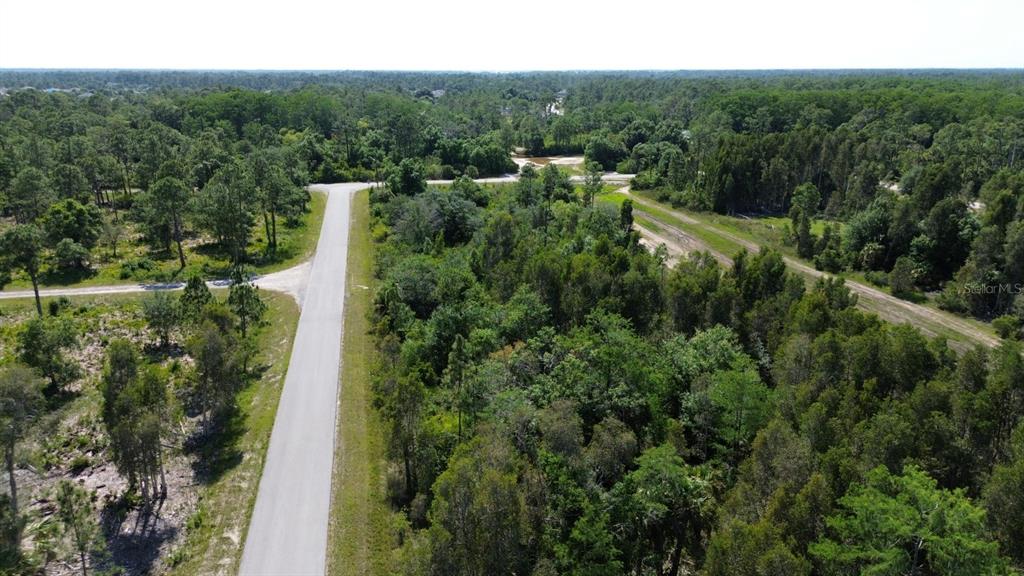 An aerial view shows a paved road running through a wooded, undeveloped residential lot — 482 WESTCHESTER DRIVE, LEHIGH ACRES, FL