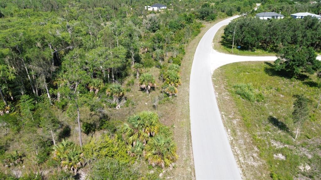An aerial view shows a paved road curving past a wooded lot with palm trees — 482 WESTCHESTER DRIVE, LEHIGH ACRES, FL