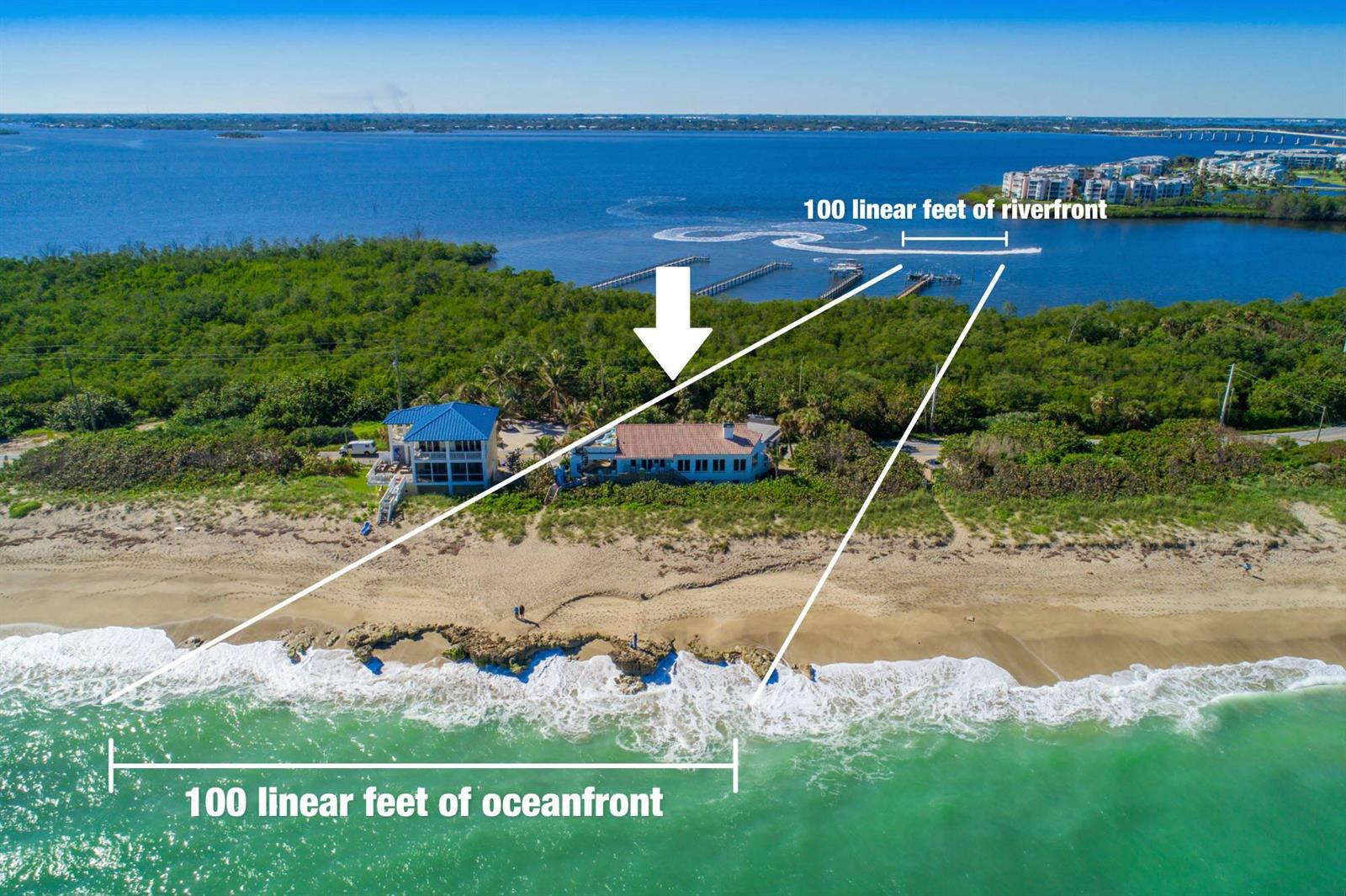 An aerial view shows a coastal property with oceanfront and riverfront access — 23 NE Macarthur Boulevard, Stuart FL 34996, STUART, FL