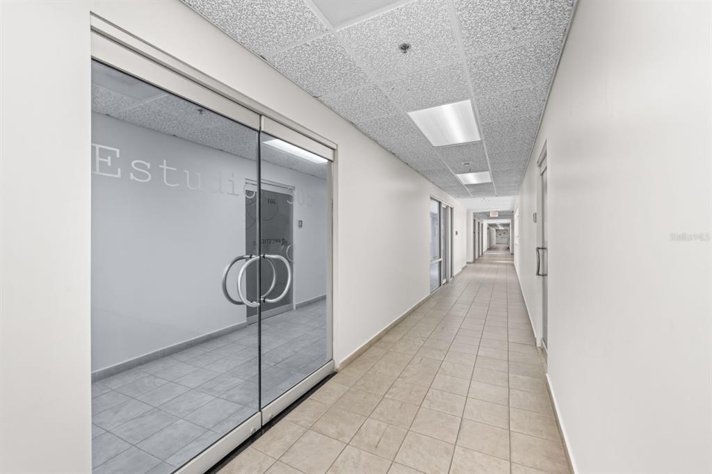 A long, tiled hallway features glass-fronted office doors and a drop ceiling with recessed lighting — 100 CENTRO INTERNACIONAL DE MERCADEO UNIT 305, GUAYNABO, PR