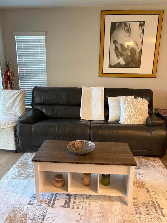 A living room features a dark leather sofa, a white coffee table, and framed wall art — 1225 PINE RIDGE CIRCLE W UNIT C1, TARPON SPRINGS, FL