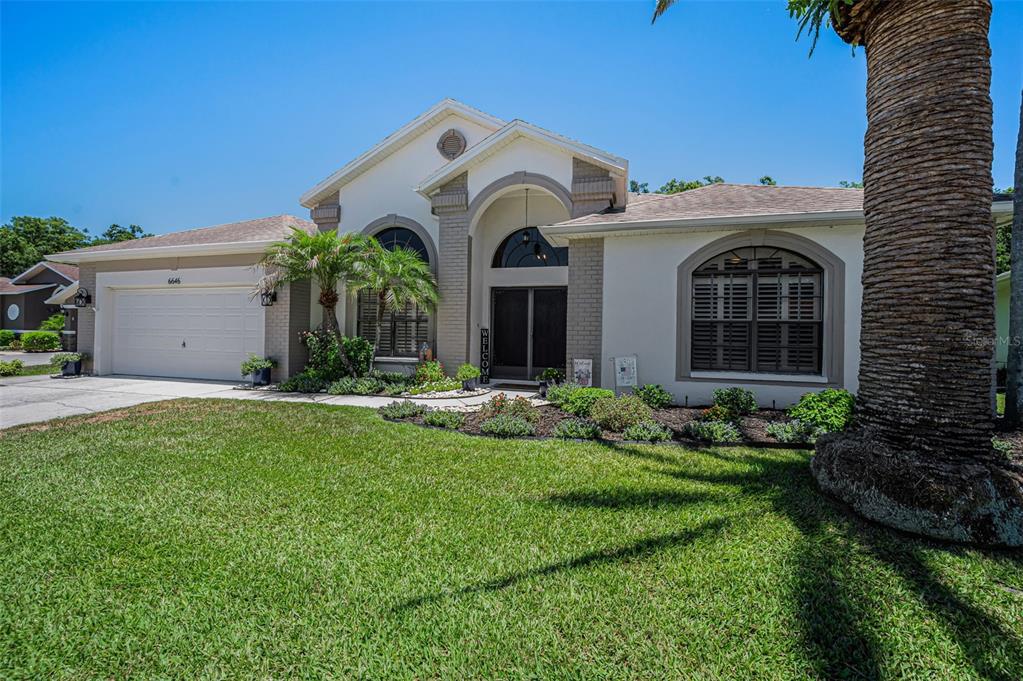 A single-story house with a white stucco facade, arched windows, and a two-car garage — 6646 GARDEN PALM COURT, NEW PORT RICHEY, FL