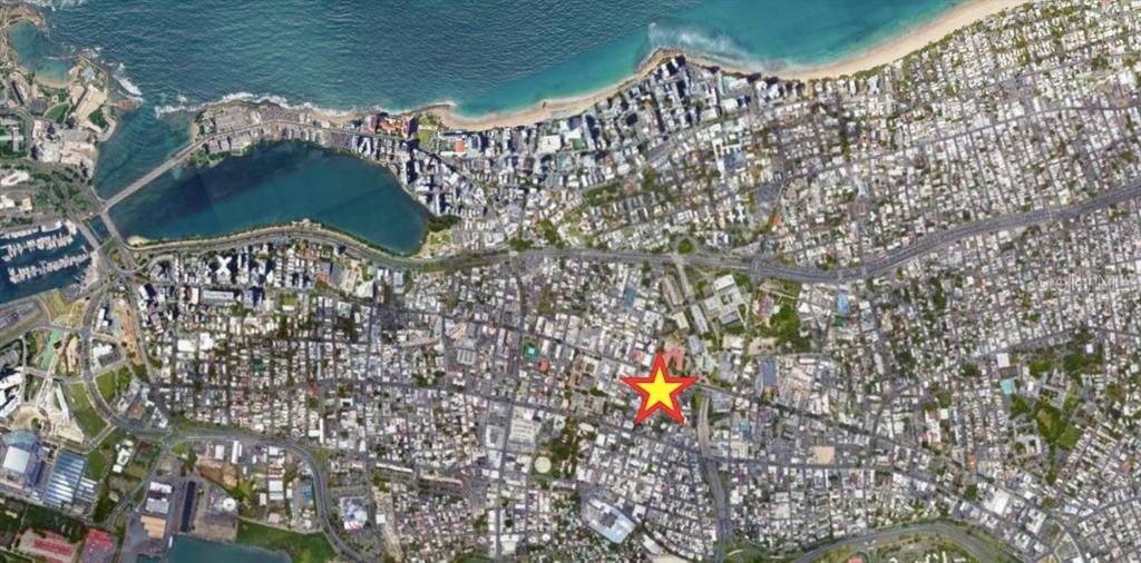 This is an aerial map view showing a star marking a specific location in San Juan — 1410 EDUARDO GEORGETTI, SAN JUAN, PR