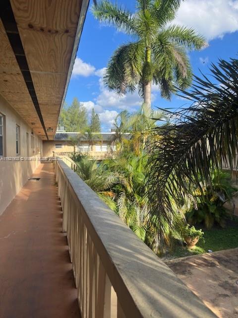 An elevated outdoor walkway overlooks a courtyard filled with palm trees and lush tropical plants — 1370 NE 119th St # 137014, Miami FL 33161, MIAMI, FL
