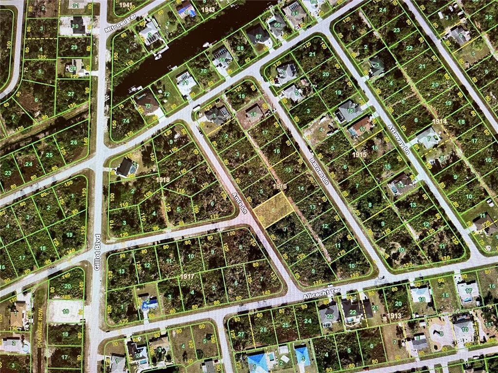 This is an aerial map showing residential lots and streets in a suburban neighborhood — 4206 AMIS LANE, PORT CHARLOTTE, FL
