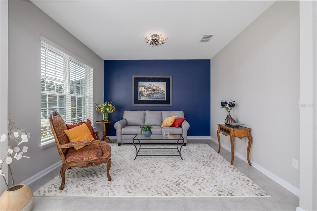 A living room features a blue accent wall, a gray sofa, and a patterned area rug — 139 WOOD STORK LANE, PALM COAST, FL