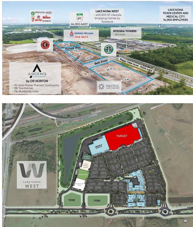 This image shows an aerial map and site plan for the Lake Nona West development — 4121 BOGGY CREEK ROAD, KISSIMMEE, FL