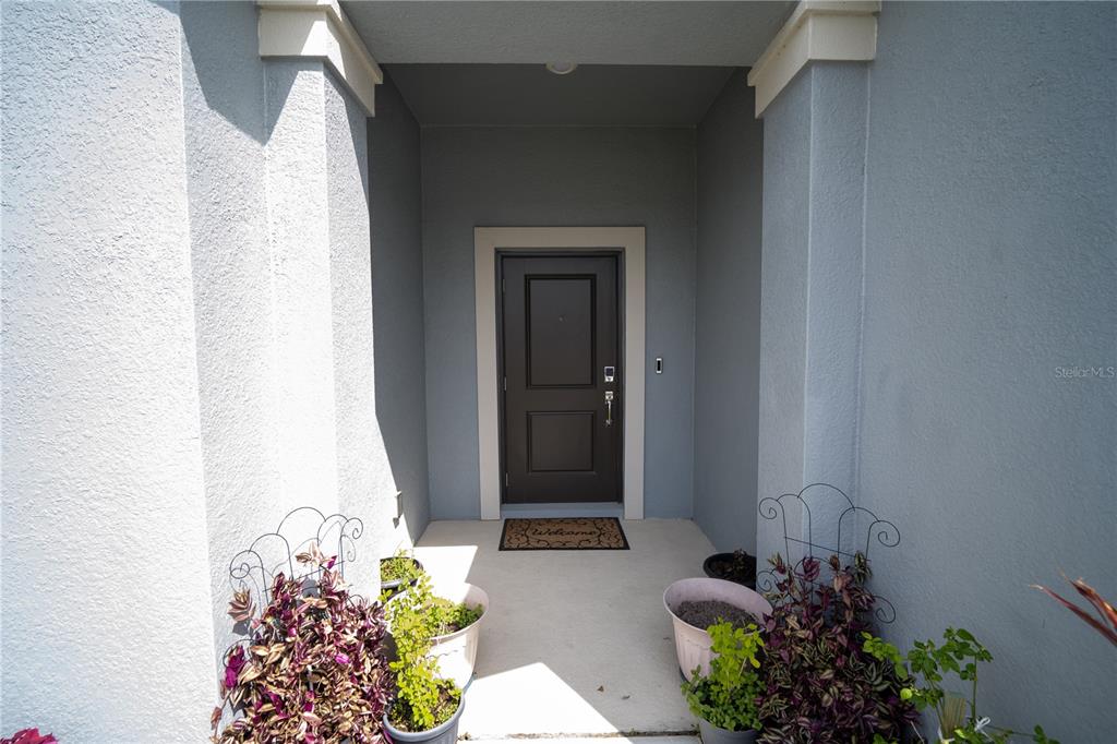 A covered entryway features a dark front door, a welcome mat, and several potted plants — 4211 LITTLE OWL LANE, KISSIMMEE, FL