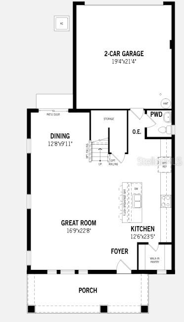 This is a floor plan of a home's main level featuring a garage, kitchen, and porch — 13439 GOOD VIBES AVENUE, ORLANDO, FL
