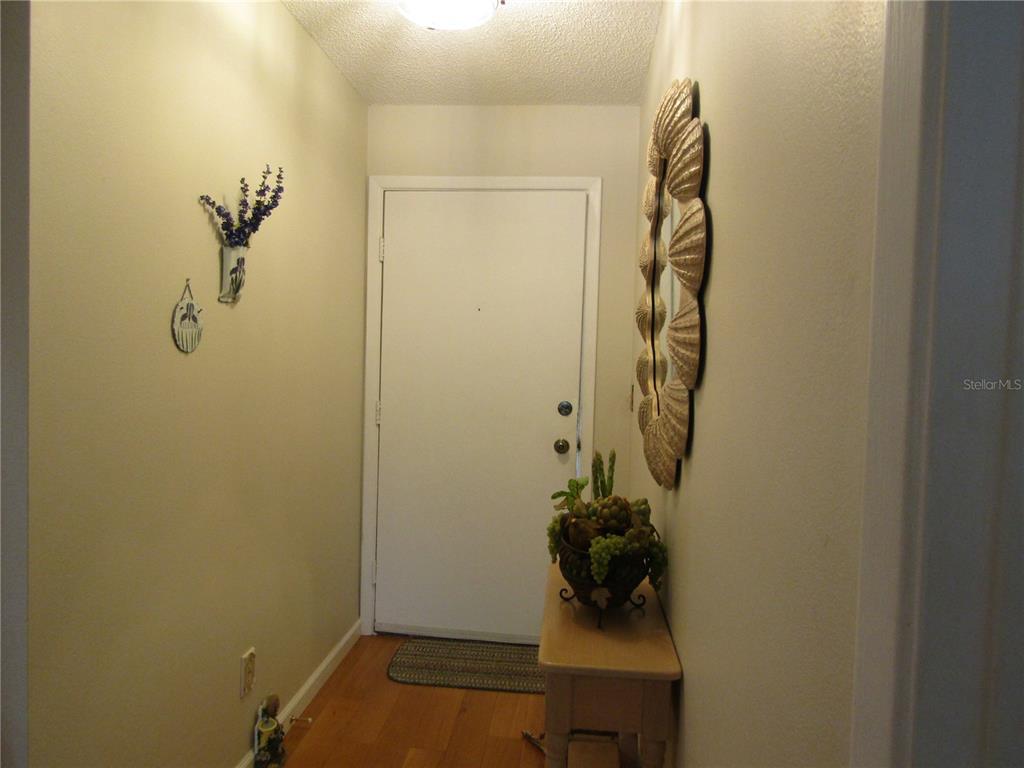 An entryway features a white door, a decorative mirror, a small console table, and hardwood flooring — 2961 TAYWOOD MEADOWS UNIT 26, SARASOTA, FL