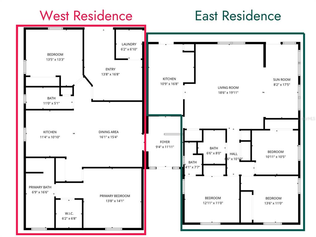 This floor plan shows the layout of two separate residences, West and East, with multiple rooms — 1101 81ST AVENUE N, ST PETERSBURG, FL