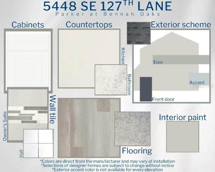 This design board displays samples of cabinets, countertops, flooring, tile, and exterior paint colors — 5448 SE 127TH LANE, BELLEVIEW, FL