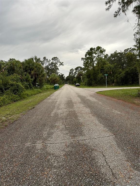 A paved road stretches into the distance, flanked by dense trees and vegetation — 82 STATLER STREET, PORT CHARLOTTE, FL
